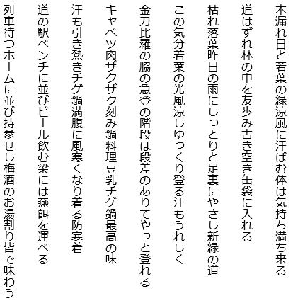 最高点五千メートル峠越え雪の山々空の碧さよ
着飾ったチベット娘やヤク迄も記念写真に二十元払う
氷河より流れる川の広がりに羊やヤクを点々と見る
四つ星のホテルの部屋は三階でエレベーターなくゆっくり登る
電卓をたたいて値引き交渉し妻娘にお土産ネックレス買う
期待せしドルマ・リ（約５千ｍ）麓のハイキング鳥葬の峰立ち入り禁止
マニ車回しつつ登る巡礼道岩の山にはタルチョはためく
岩山の中腹飾る川霧は白く棚引き大河に沿って
広き河峡谷となり馳せ下り河幅広がるチベットの川
ポタラ宮雨の階段登り行きラマ代々の霊廟を見る
